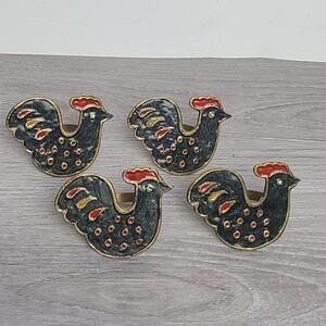 Vintage Set Of 4 Brass Black Red Enamel Rooster Napkin Ring Holders India
